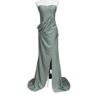 Faeriesty Sage Green Strapless‎ Draped Formal Gown Size XL Sweetheart Neck Train